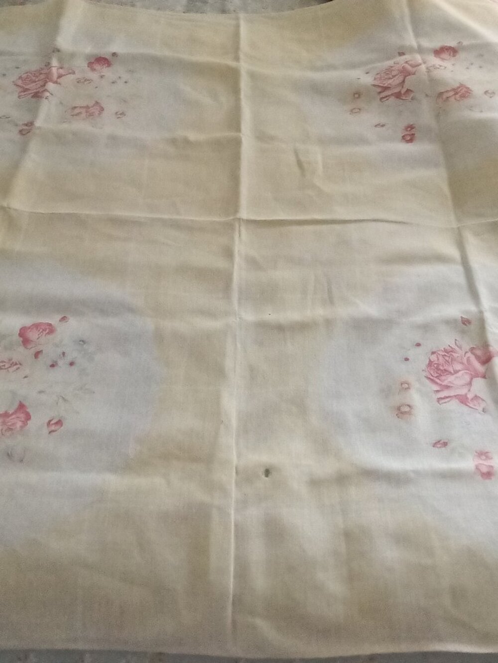 Vintage Floral Linen Tablecloth Pale Yellow With Pink Roses